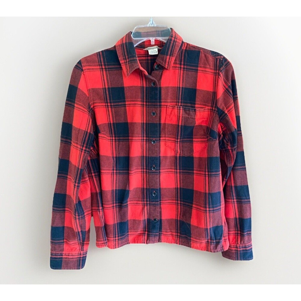 Duluth Trading Co Womens XS Red Black Plaid Tulip Back Cotton Flannel Shirt Fall
